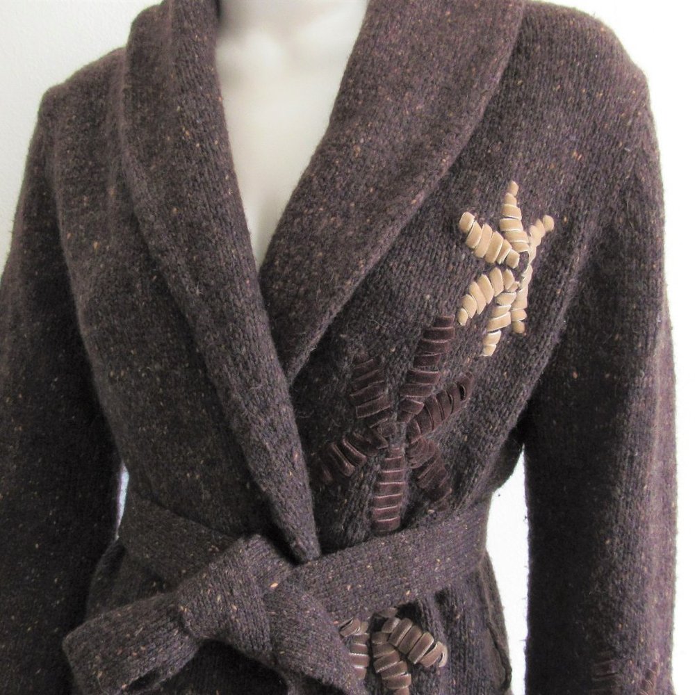 Escada Brown Shawl Collar Belted Cardigan with Tan Trim - Picture 2 of 5